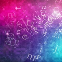 Flying numbers and letters on colorful background