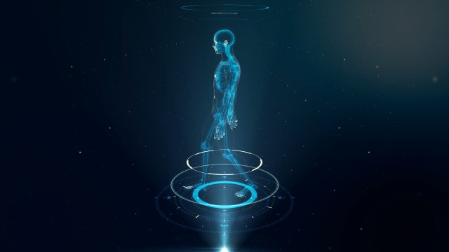 Blue Walking Avatar Projection with Xray Skeleton Scan